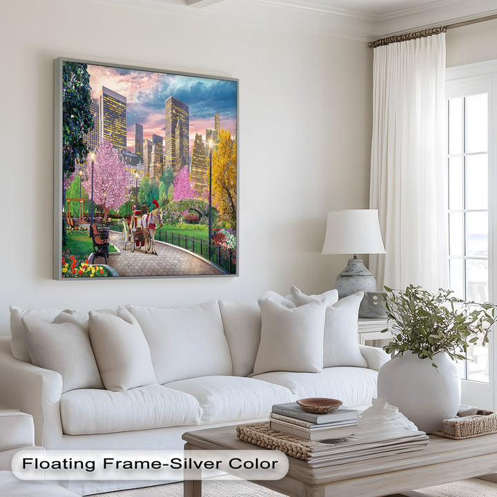 A beautifully detailed painting of a peaceful park scene with cherry blossoms, elegant street lamps, and a classic horse-drawn carriage against the backdrop of skyscrapers
