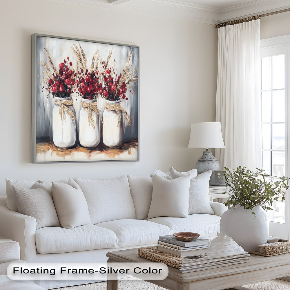 Farmhouse-style flower art – red blooms in textured jars with straw ties.
