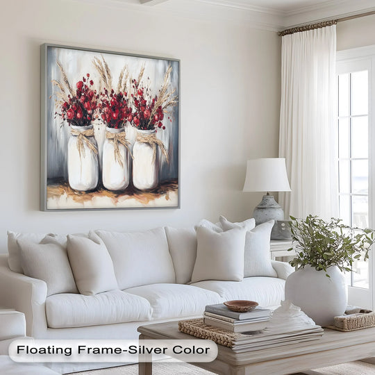 Flowing brushstrokes bring a vibrant sense of movement to this floral oil painting reproduction print of a red floral arrangement bursting from white jars.