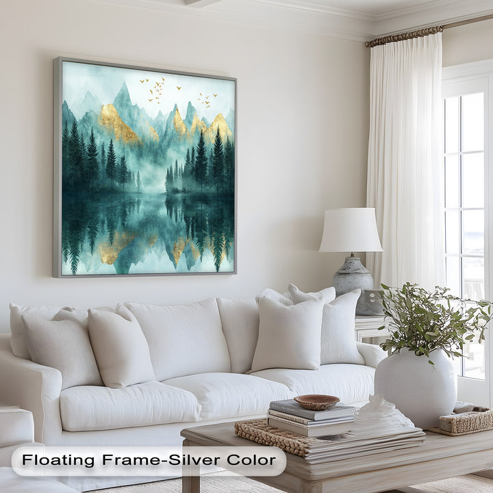 Serene mountain landscape with pine trees and misty reflections.
