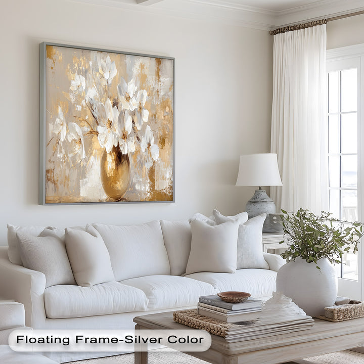 Textured flower painting with luminous white petals and golden accents.
