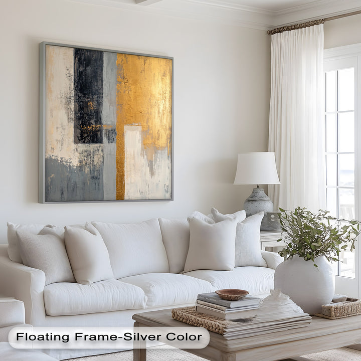 Contemporary abstract artwork in black, white, and gold with industrial texture.
