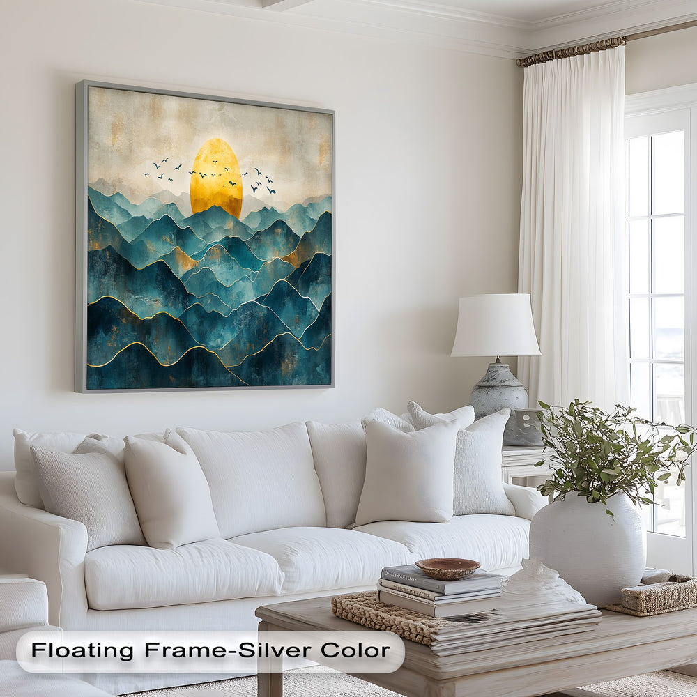 Textured mountain wall art with rising sun and layered peaks.
