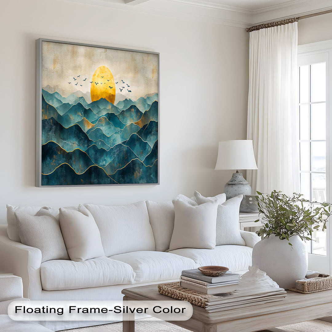 Textured mountain wall art with rising sun and layered peaks.
