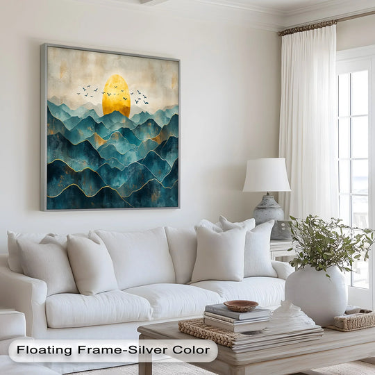 Visual rhythm flows across the landscape oil painting with its repeating golden sun and ocean waves, a stunning example of modern oil painting art.