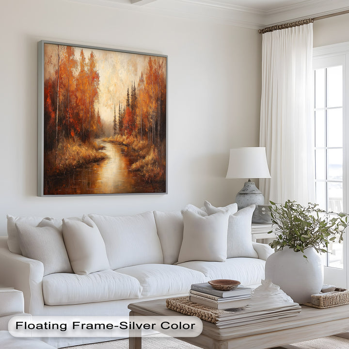 Peaceful forest painting with fall leaves, golden hues, and soft mist.
