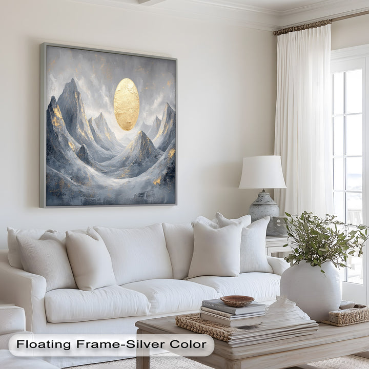 Abstract landscape artwork featuring metallic mountains and sun.
