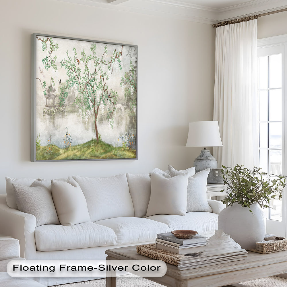 A delicate Chinese-style painting depicting a tranquil riverside scene with elegant branches, blooming flowers, and graceful birds in nature
