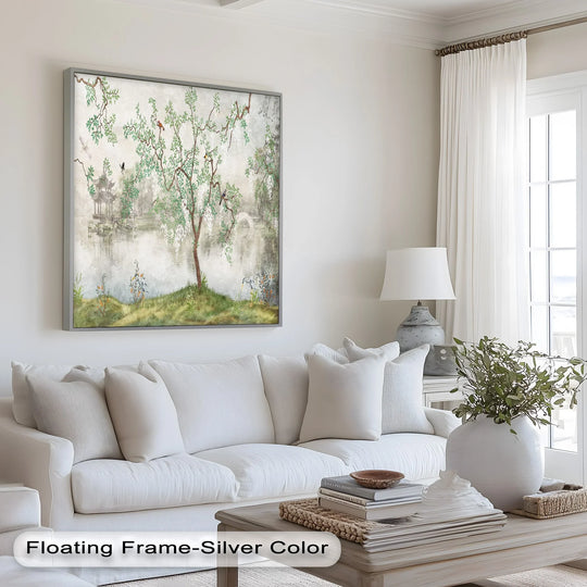 The dreamy, soft water of the oriental oil painting creates a tranquil effect, enhancing the elegant Chinoiserie tree and making it a great oil painting home decor.