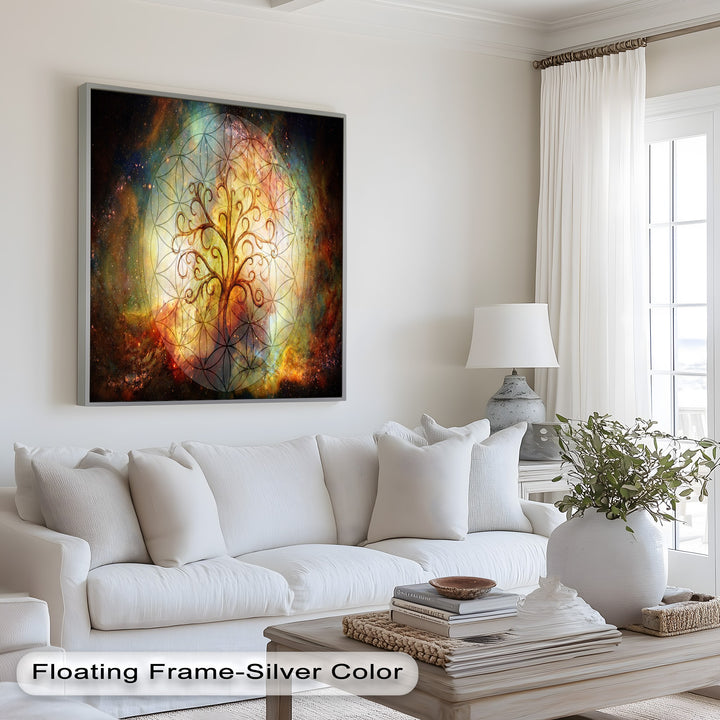 A symbolic and abstract wall art piece capturing the connection between nature, spirituality, and the universe through intricate sacred geometry