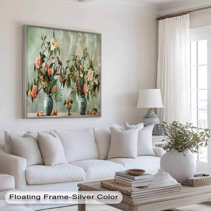 Lush nature-inspired wall art with garden birds and blooming branches.
