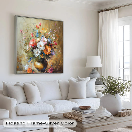 The darkest area showcases a vintage-style oil painting decoration featuring a golden vase overflowing with colorful blossoms, creating an elegant and radiant bloom.