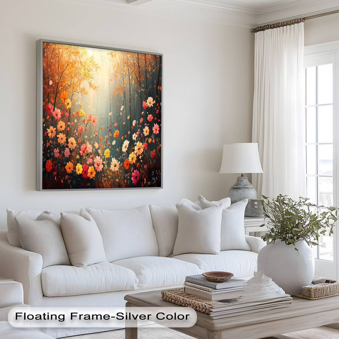 Sun-dappled floral landscape with vibrant woodland flowers.
