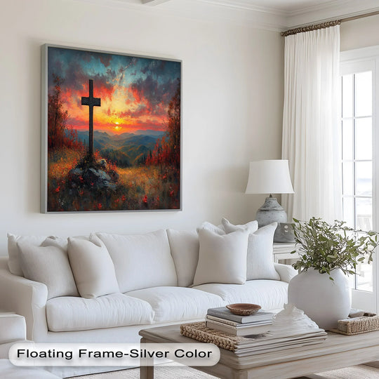 Scenic sunset background enhances the faith-inspired sunset cross landscape with golden hills in this beautiful oil painting reproduction print.