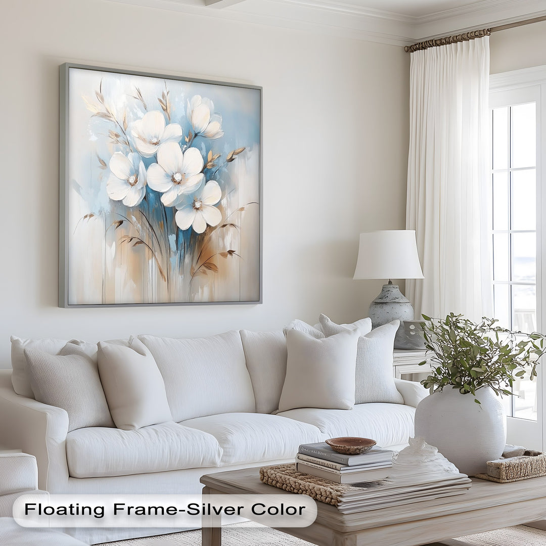 Elegant wildflower bouquet in neutral tones with gentle blue accents.
