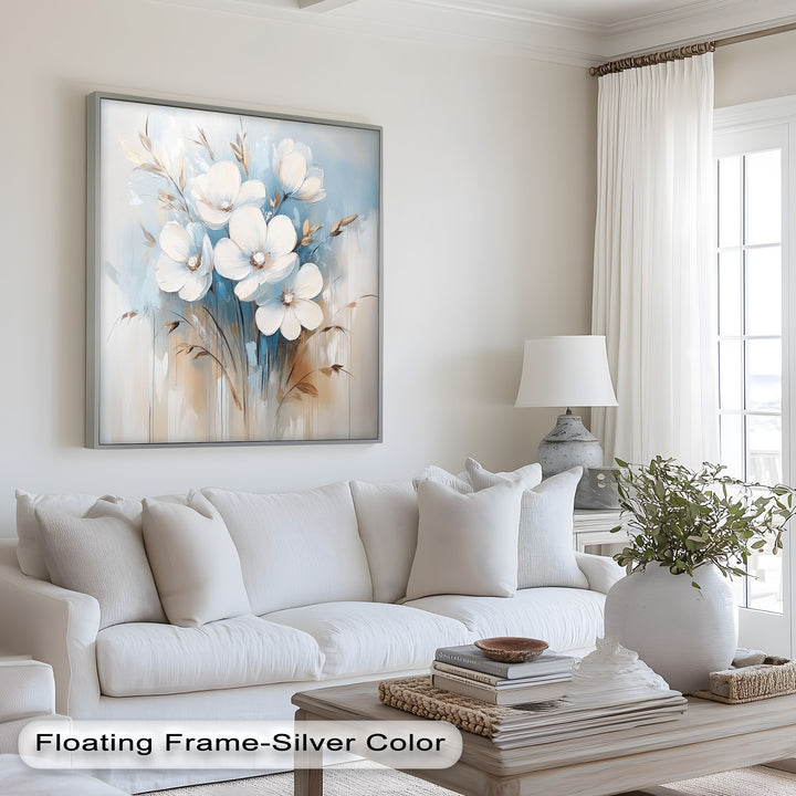 Elegant wildflower bouquet in neutral tones with gentle blue accents.
