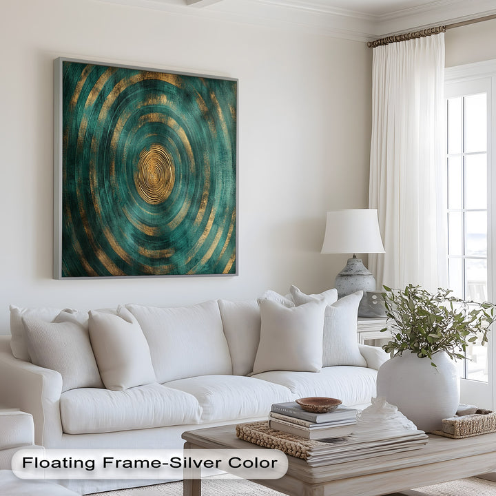 Metallic teal swirl artwork featuring luminous gold accents and circular motion.
