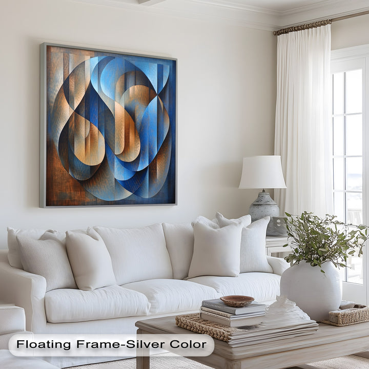 Abstract blue and copper interplay with dimensional ribbon-like forms.
