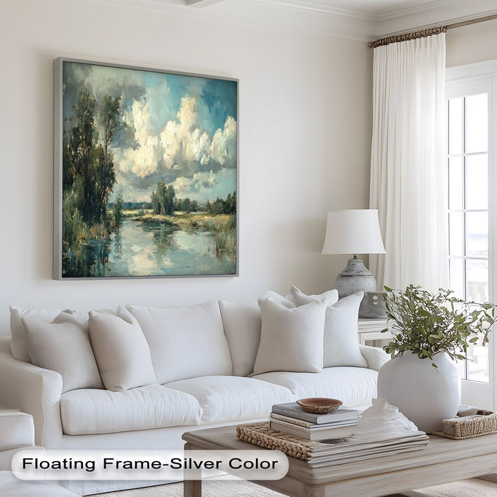 Impressionist river view with dramatic cloudscape and reflective surface.
