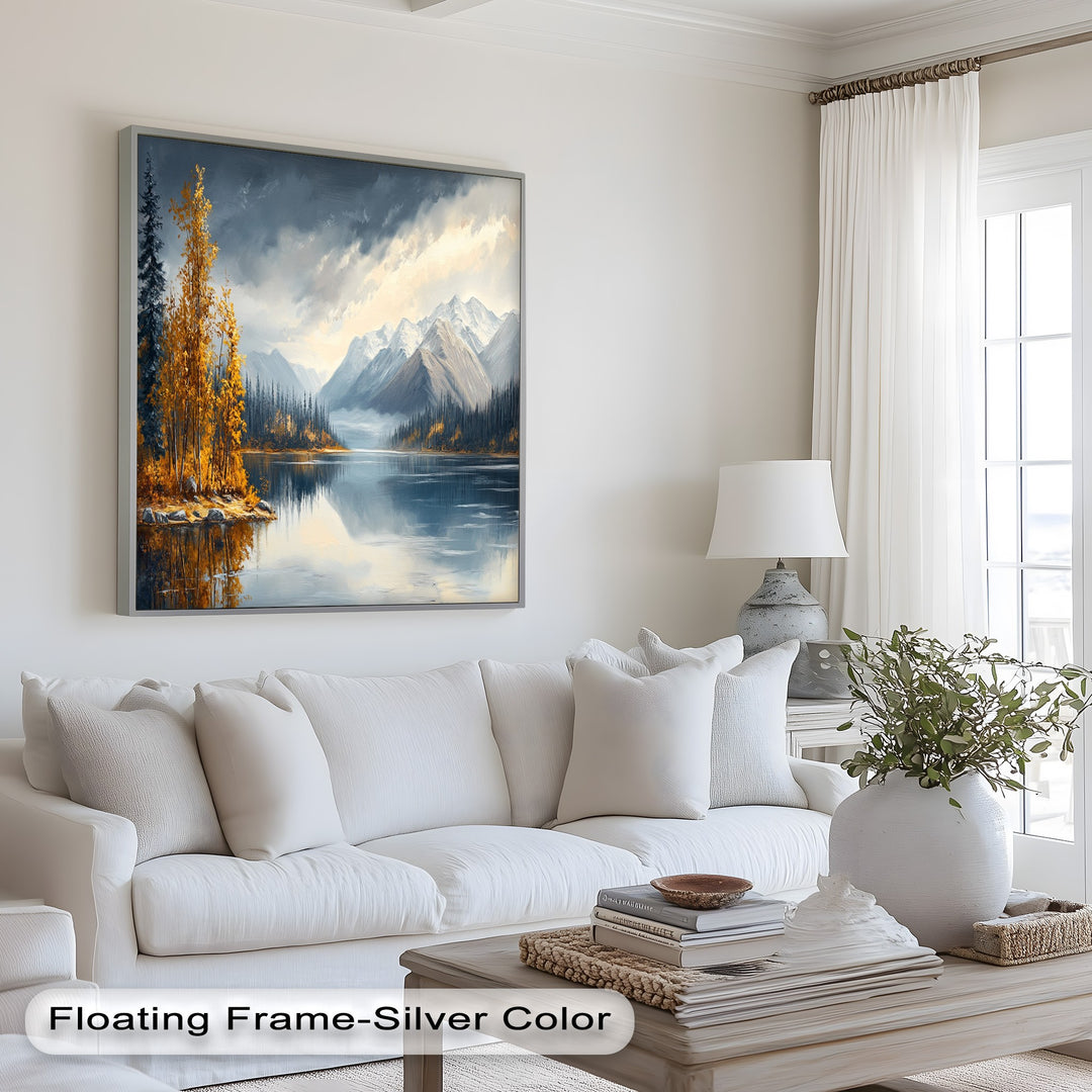 Tranquil forest and mountain painting with crisp reflections and stormy skies.
