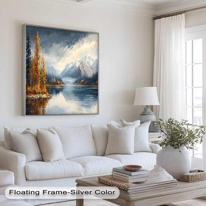 Tranquil forest and mountain painting with crisp reflections and stormy skies.
