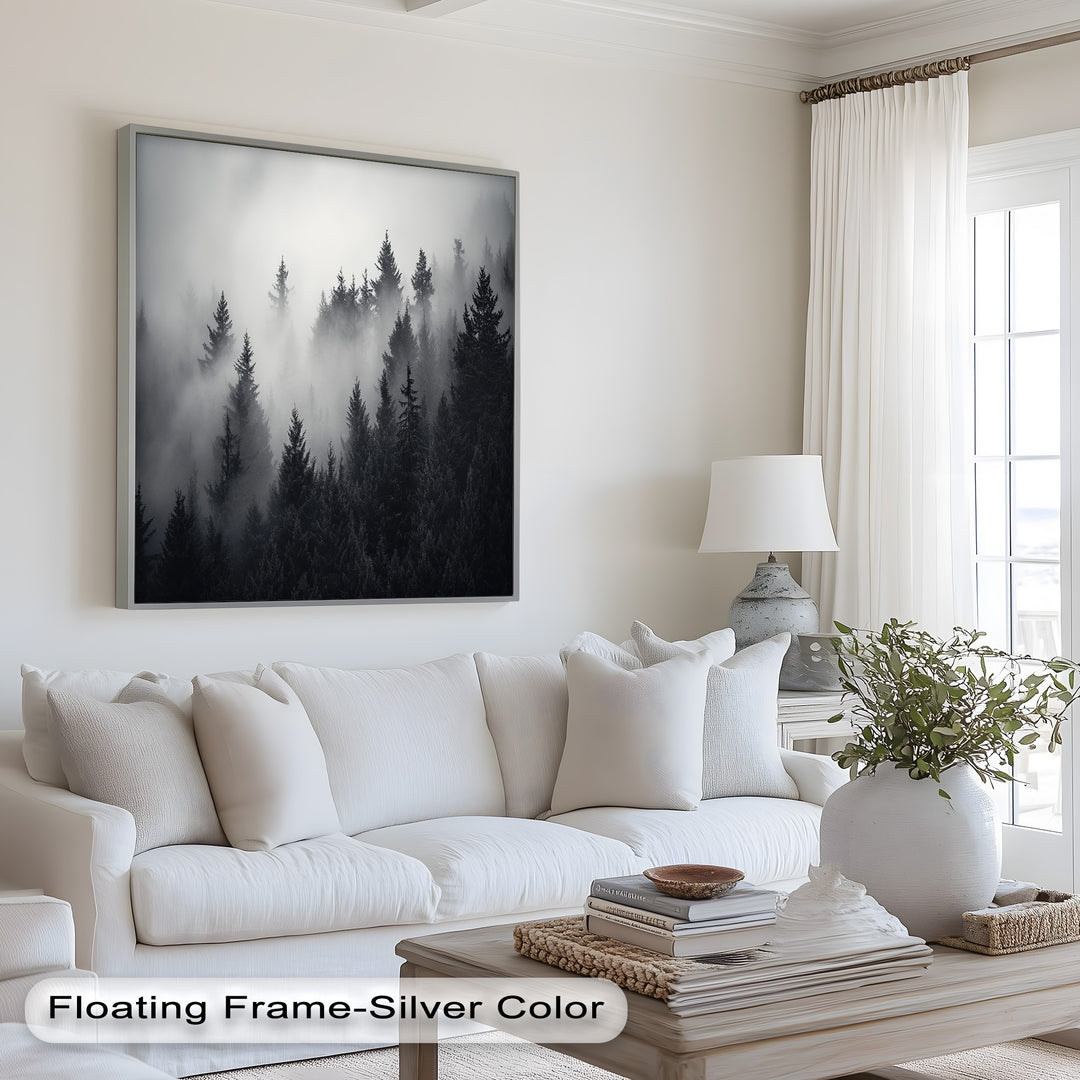Mystical woodland scene with atmospheric mist.
