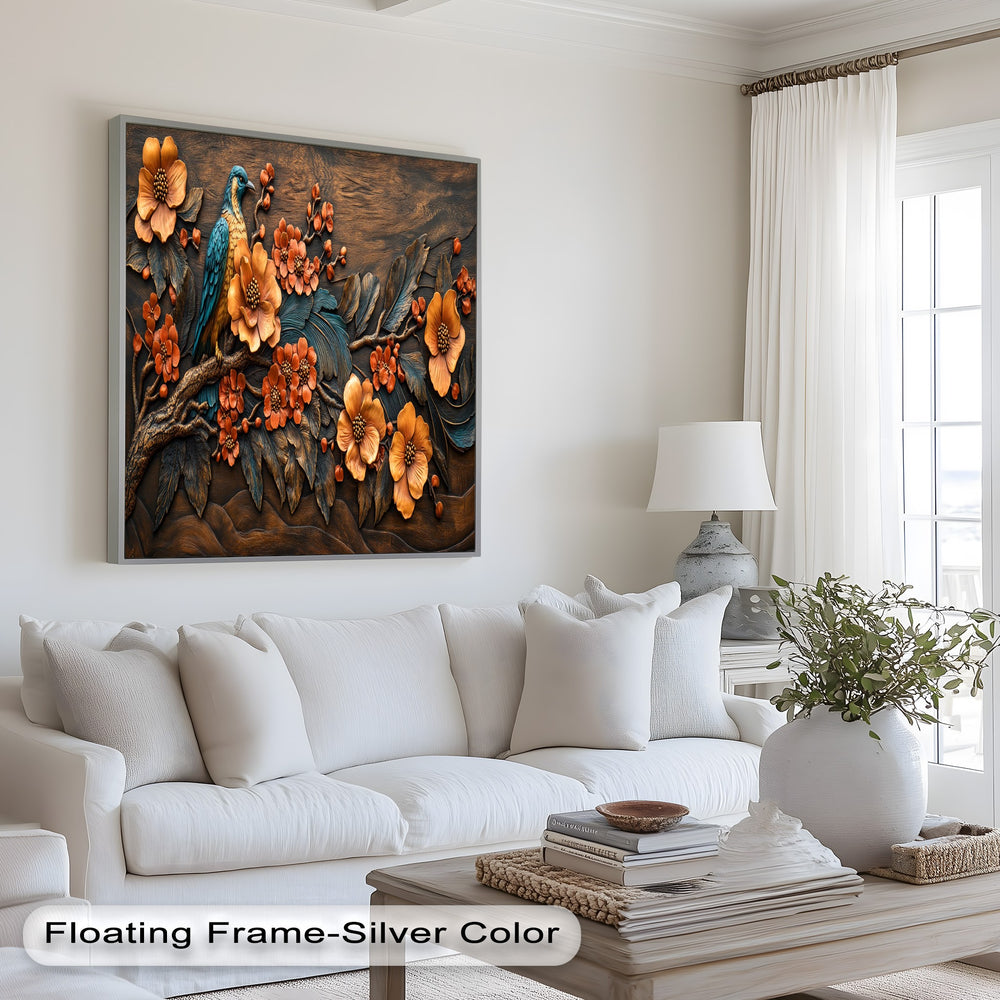 Handcrafted wooden relief of bird on a blooming floral branch.
