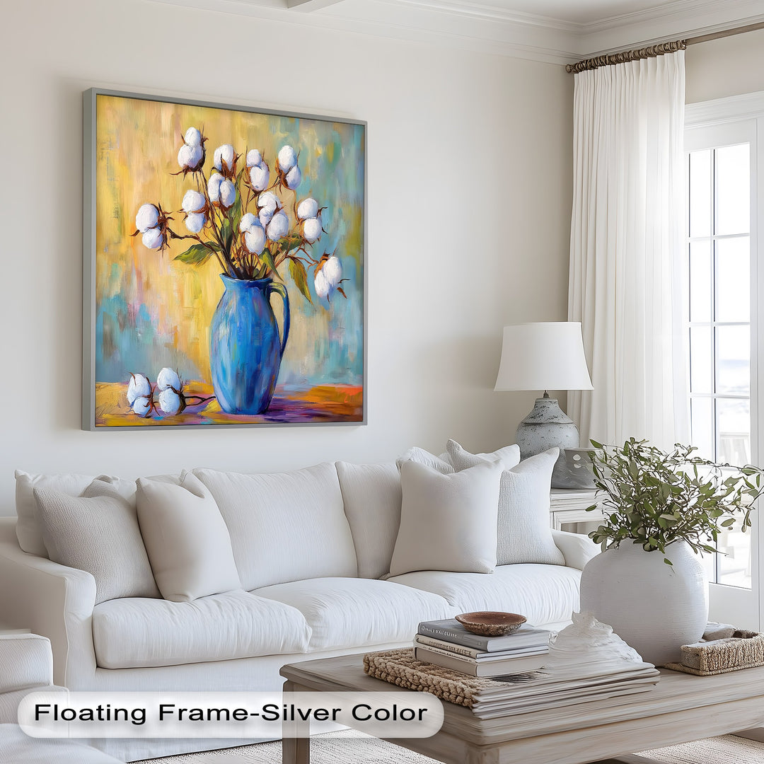 Vibrant cotton plant painting with country-style blue vase decor.
