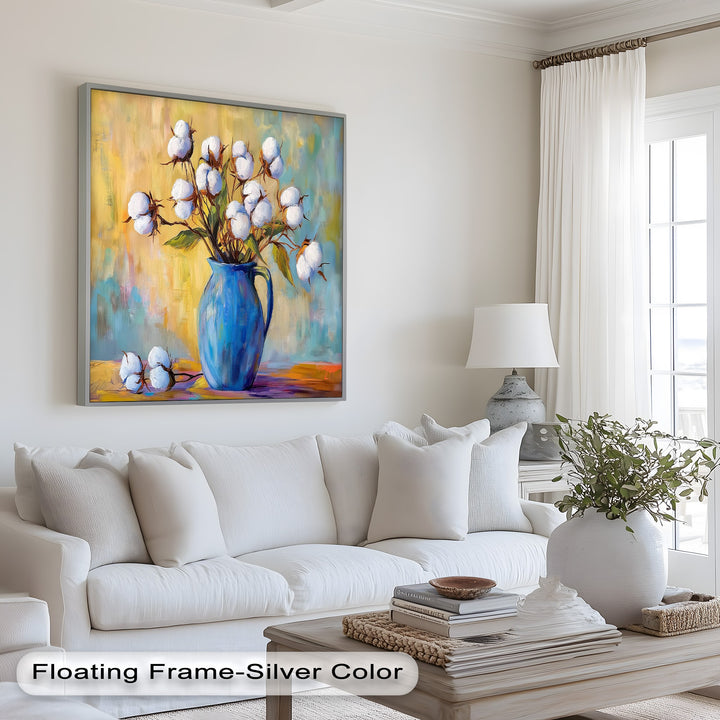 Vibrant cotton plant painting with country-style blue vase decor.
