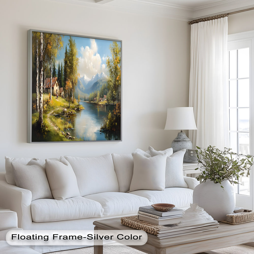 Charming forest cottages along a reflective alpine lake.
