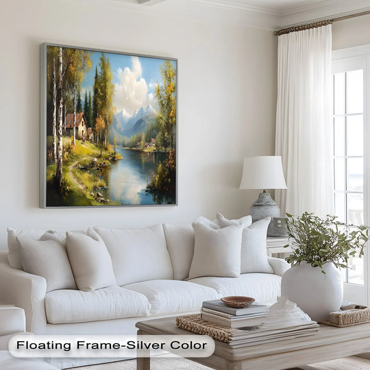 Snowy mountain peaks form a majestic backdrop in this landscape oil painting decoration depicting a serene lakeside retreat framed in silver.