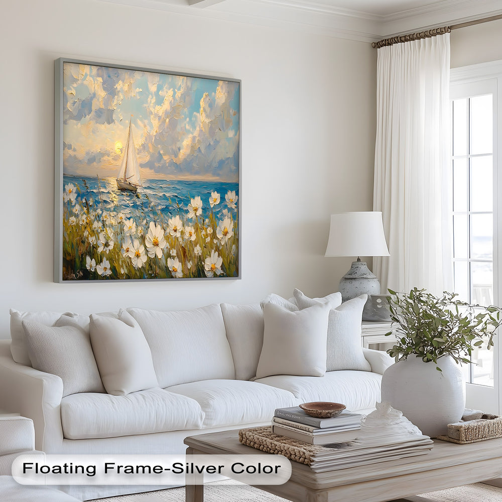 Ocean sailboat art with bright daisies and golden sky.
