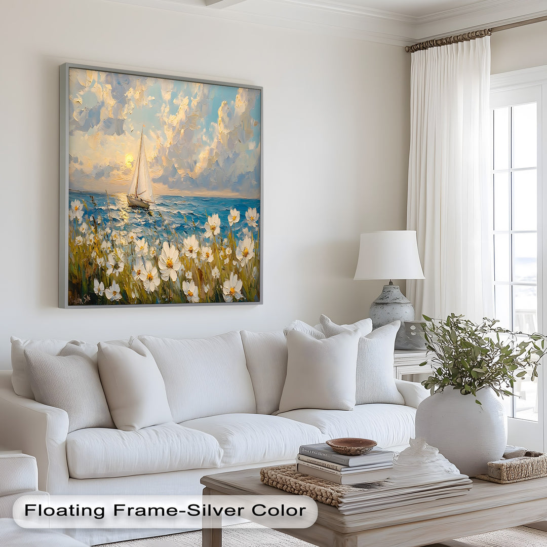 Ocean sailboat art with bright daisies and golden sky.
