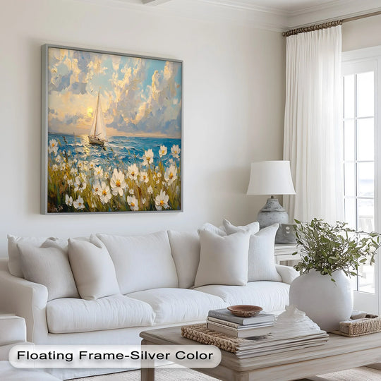 Highlighting the edge and borders, the silver floating frame accentuates this oil painting artwork, 'Sailing into Serenity,' showcasing a sailboat scene with daisies.