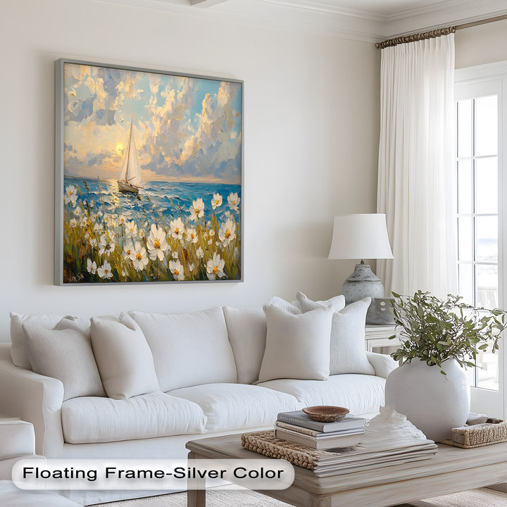 Ocean sailboat art with bright daisies and golden sky.
