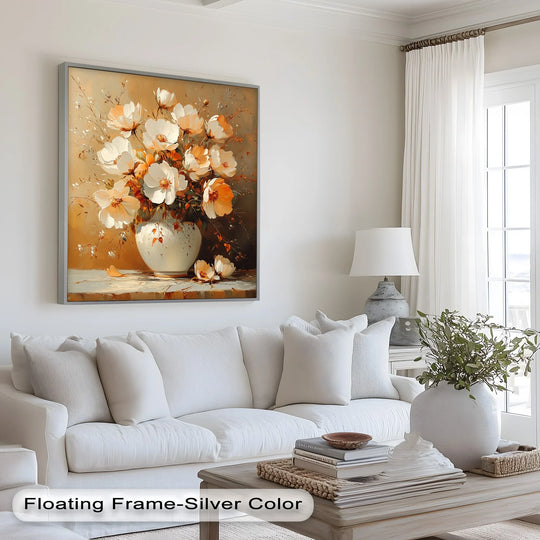 Subtle light and shadow define the petals of each blossom in this modern oil painting art featuring a warm floral arrangement of a flower vase oil painting.