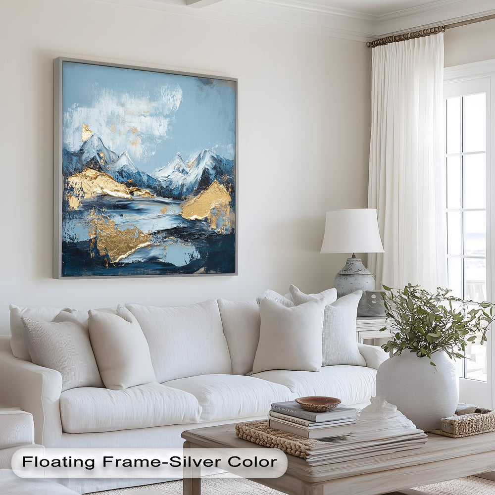 Abstract alpine scene in blue and metallic gold.
