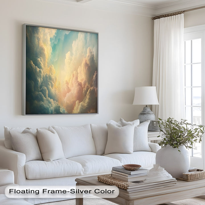 Celestial sky wall art with billowing clouds and divine sunlight.
