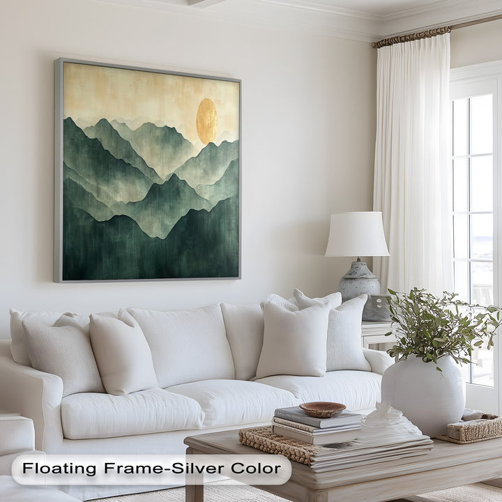 Tranquil mountain layers with soft gradients and luminous gold sun.
