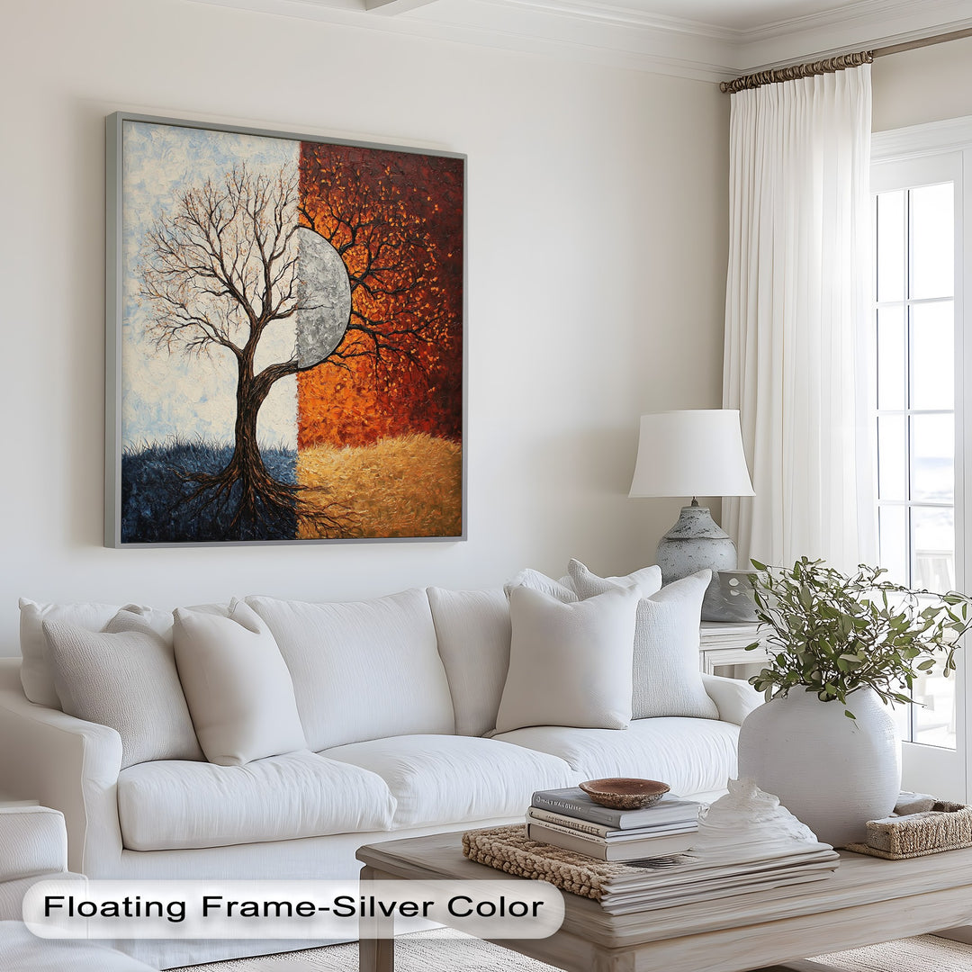 Abstract dual-season tree art in cool blues and fiery oranges with celestial focus.
