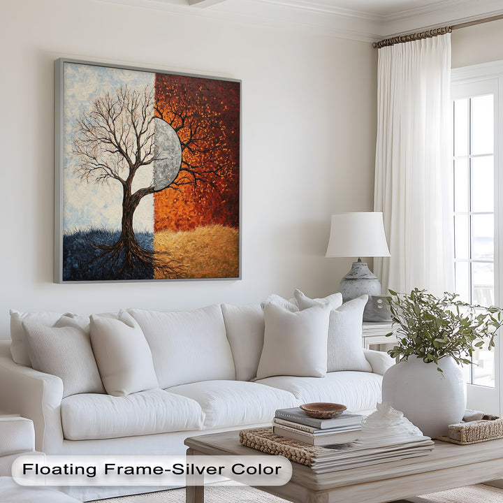 Abstract dual-season tree art in cool blues and fiery oranges with celestial focus.
