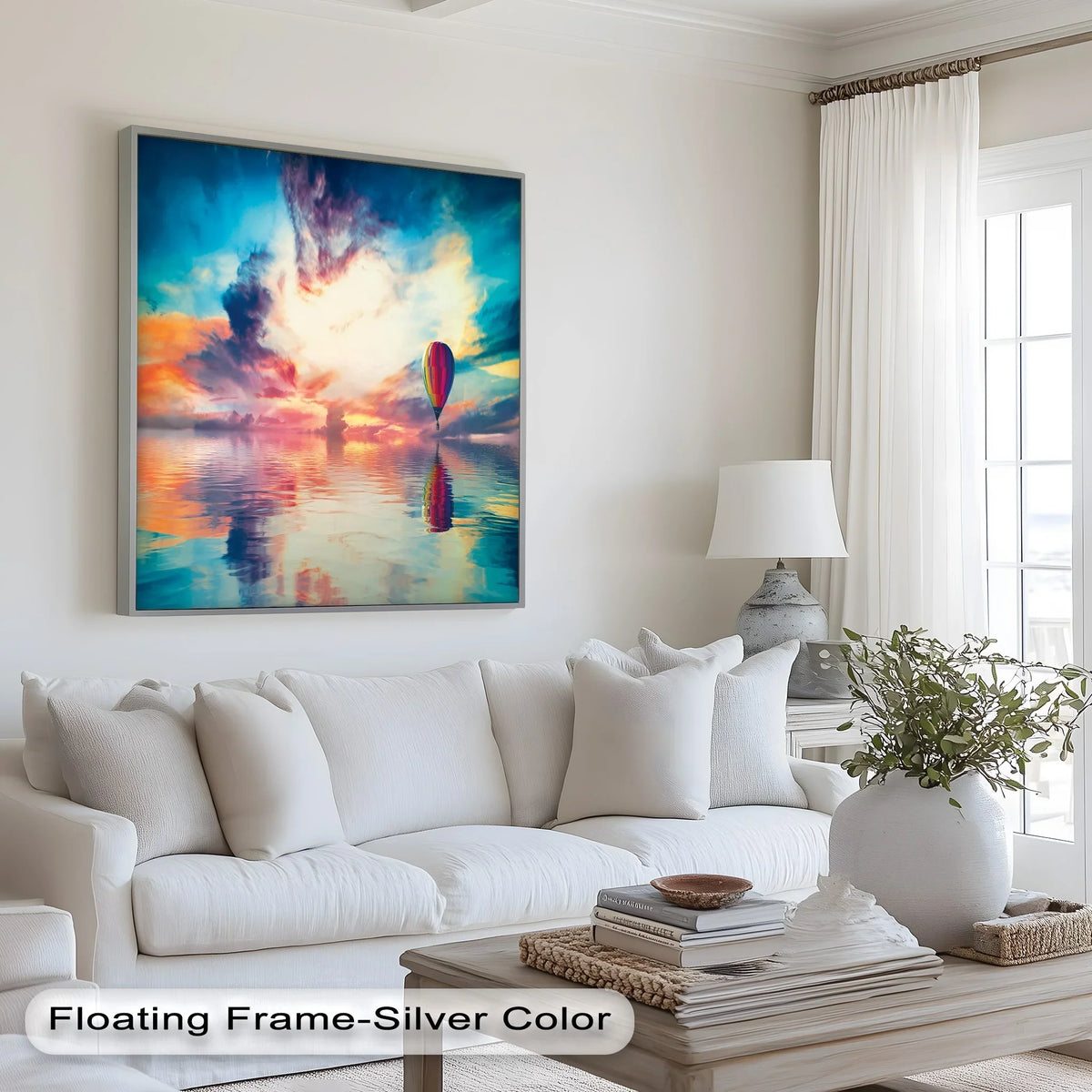 Showcasing the layering effect, the 'Hot Air Balloon Ride – Dreamy Sky & Water' oil painting wall art depicts a vibrant sky reflected in serene waters.