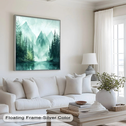 Rectangular framed misty mountain lake oil painting decoration showcases strong diagonal lines in the mountain peaks and vertical tree lines, balanced by the horizontal water reflections.