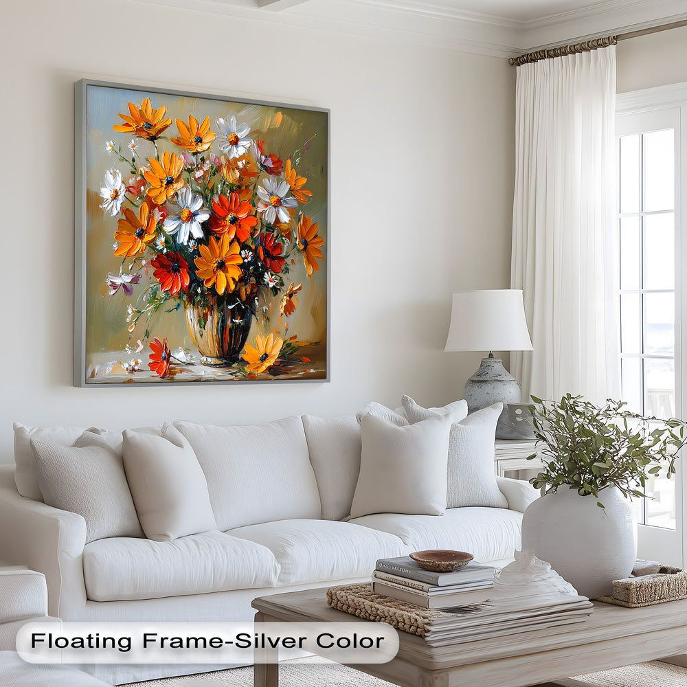 Textured oil painting of orange, red, and white daisies.
