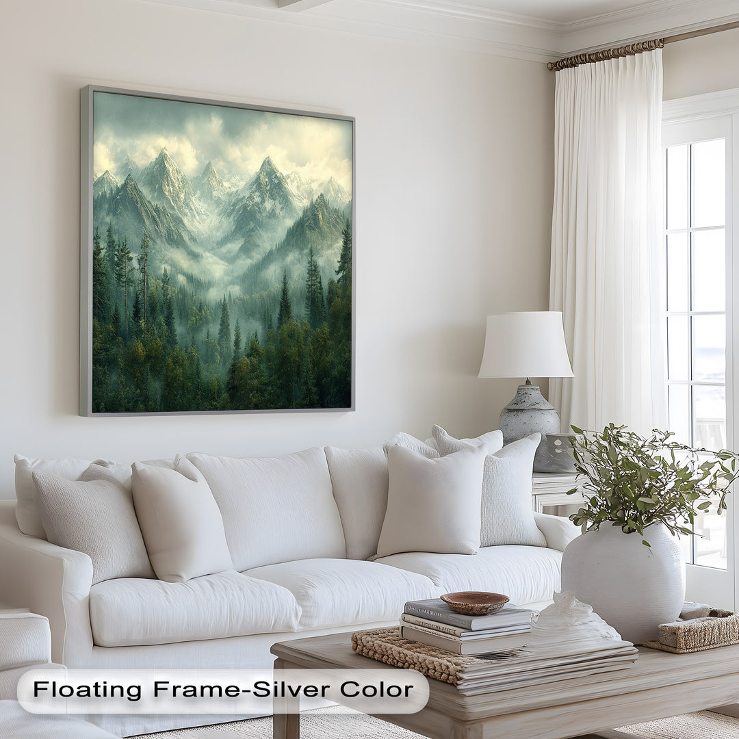 Nature-inspired mountain vista with fog-shrouded pines and jagged summits.
