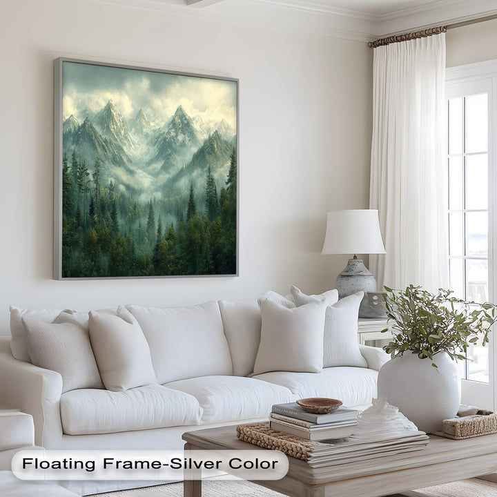 Nature-inspired mountain vista with fog-shrouded pines and jagged summits.
