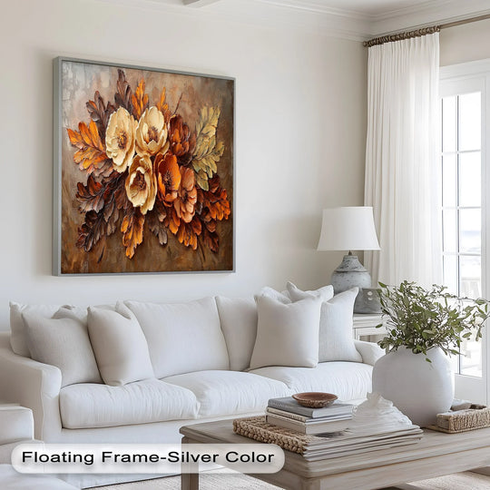 Foreground shows the textured impasto brushwork of an oil painting decoration depicting golden autumn florals with rich botanical details and colors.