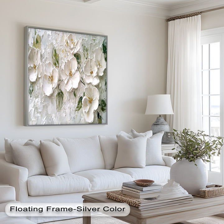 Impressionist flower painting with creamy white blossoms on a soft textured backdrop.
