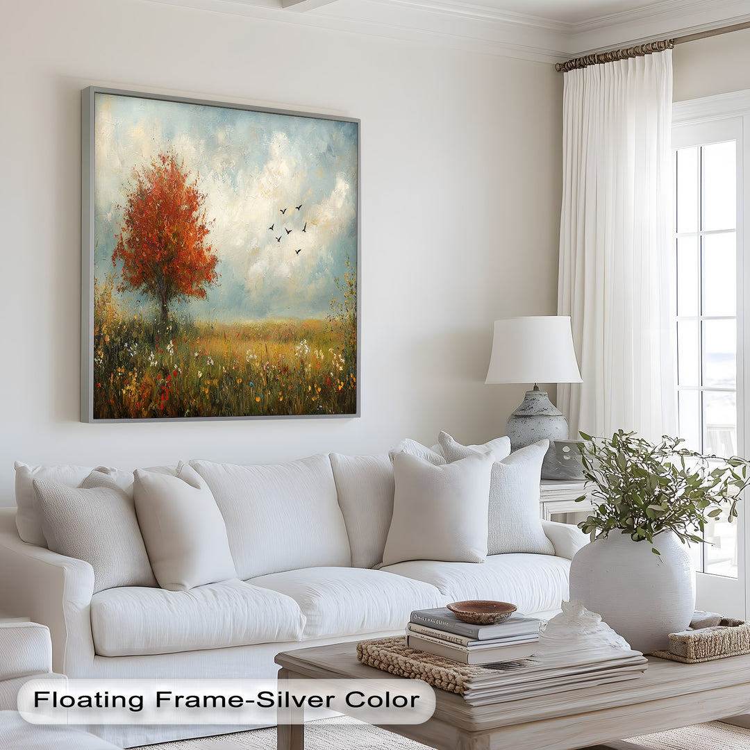 Rustic nature painting of an open field with vivid autumn hues.
