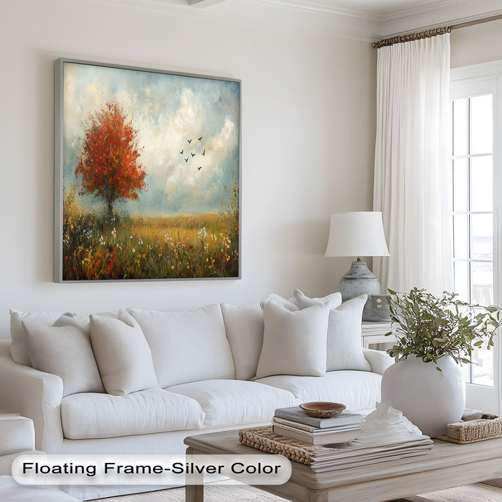 Rustic nature painting of an open field with vivid autumn hues.
